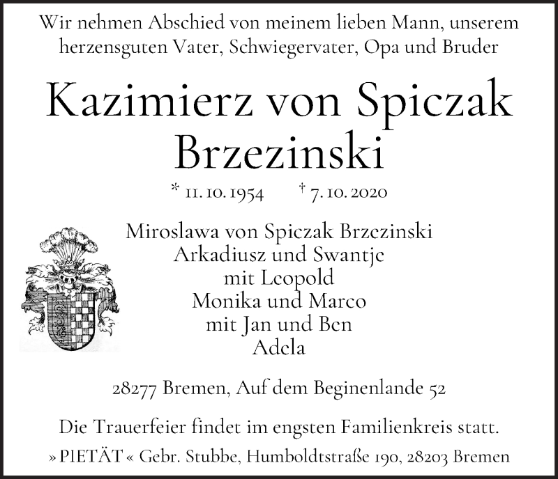 Traueranzeige von Kazimierz von Spiczak Brzezinski von WESER-KURIER