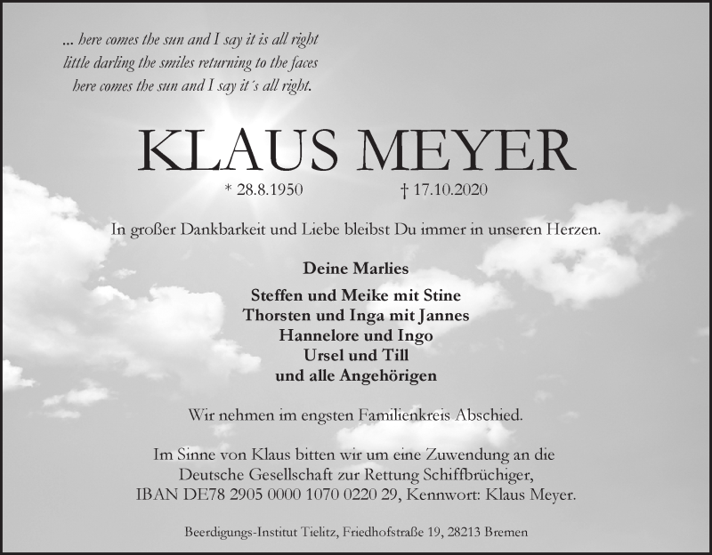 Traueranzeige von Klaus Meyer von WESER-KURIER
