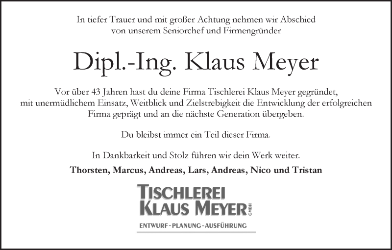 Traueranzeige von Klaus Meyer von WESER-KURIER