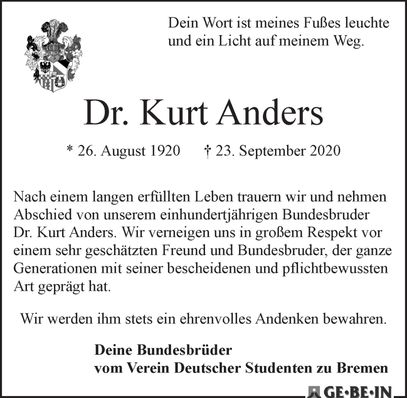 Traueranzeige von Kurt Anders von WESER-KURIER