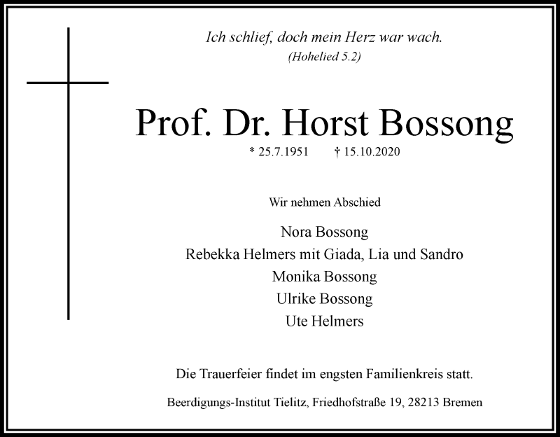 Traueranzeige von Prof. Dr. Horst Bossong von WESER-KURIER