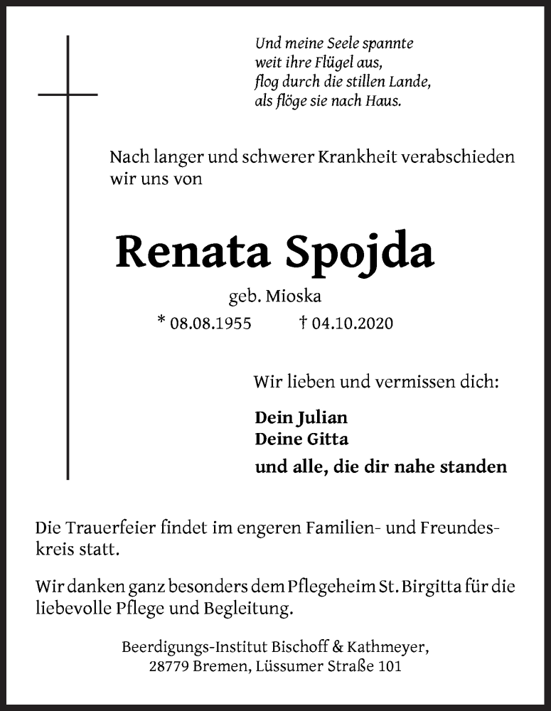 Traueranzeige von Renata Spojda von Die Norddeutsche