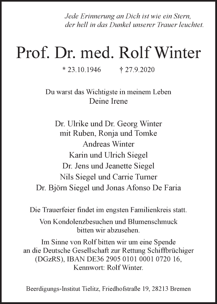 Traueranzeige von Rolf Winter von WESER-KURIER
