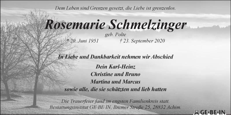 Traueranzeige von Rosemarie Schmelzinger von WESER-KURIER