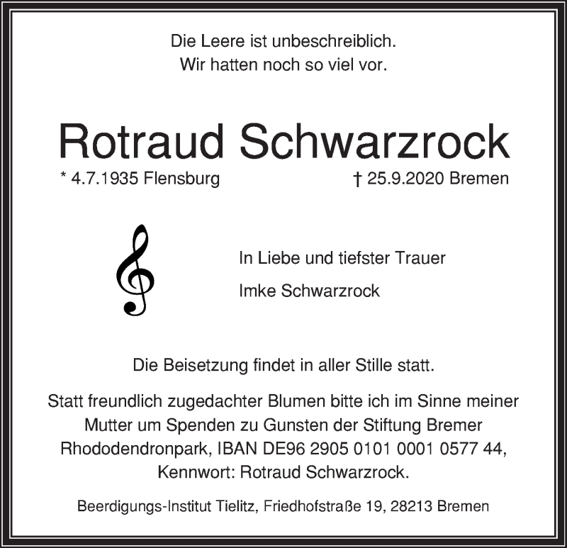 Traueranzeige von Rotraud Schwarzrock von WESER-KURIER