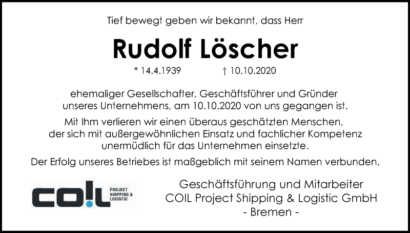 Traueranzeige von Rudolf Löscher von WESER-KURIER