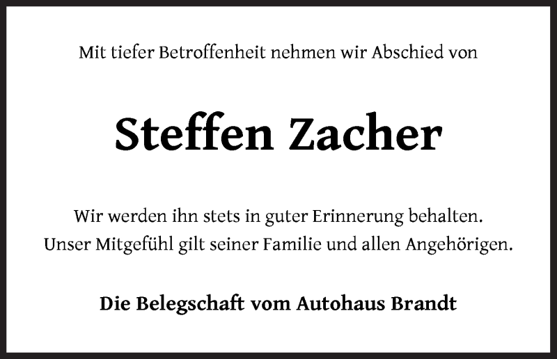 Traueranzeige von Steffen Zacher von Achimer Kurier/Verdener Nachrichten