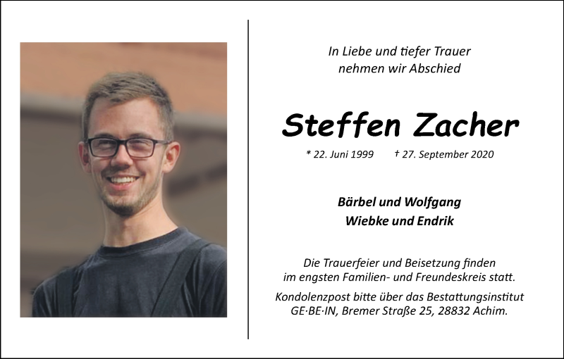 Traueranzeige von Steffen Zacher von Achimer Kurier/Verdener Nachrichten