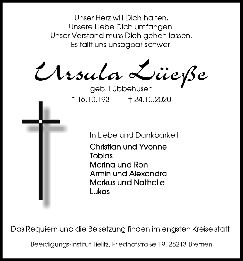 Traueranzeige von Ursula Lüeße von WESER-KURIER