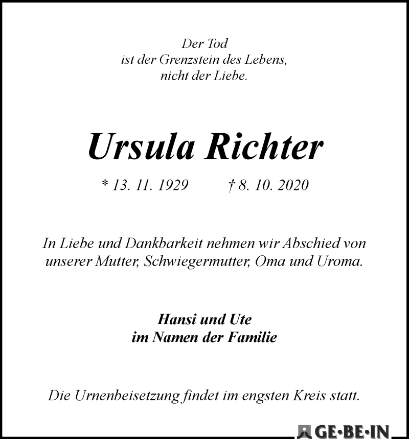 Traueranzeige von Ursula Richter von WESER-KURIER