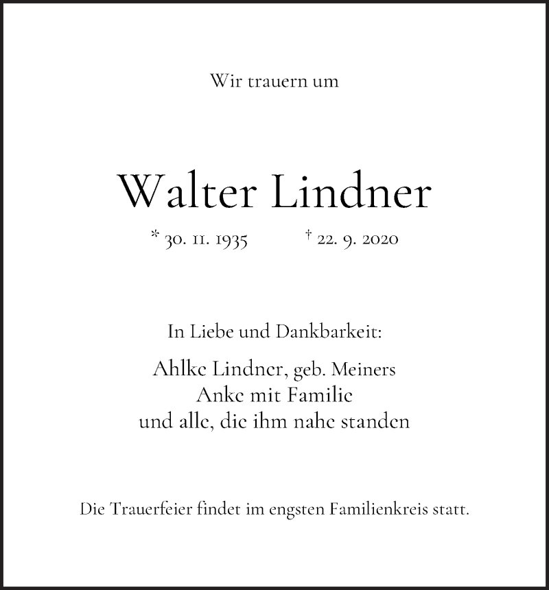 Traueranzeige von Walter Lindner von WESER-KURIER