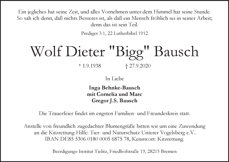 Traueranzeige von Wolf Dieter Bausch von WESER-KURIER