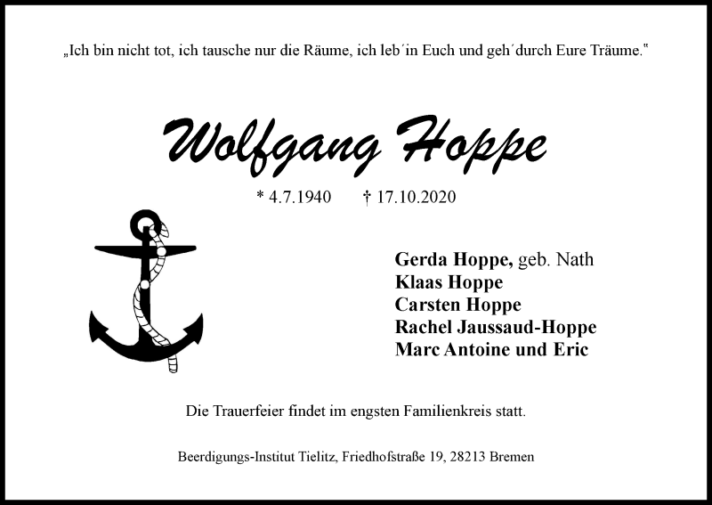 Traueranzeige von Wolfgang Hoppe von WESER-KURIER
