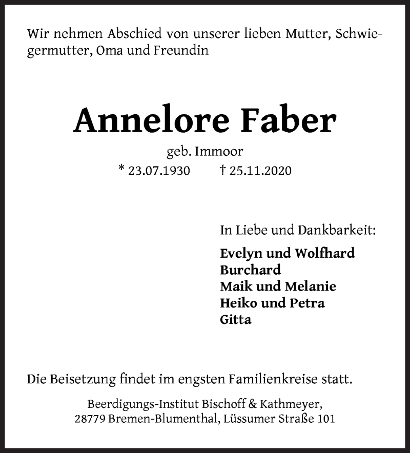 Traueranzeige von Annelore Faber von Die Norddeutsche