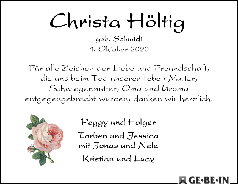 Traueranzeige von Christa Höltig von Achimer Kurier/Verdener Nachrichten