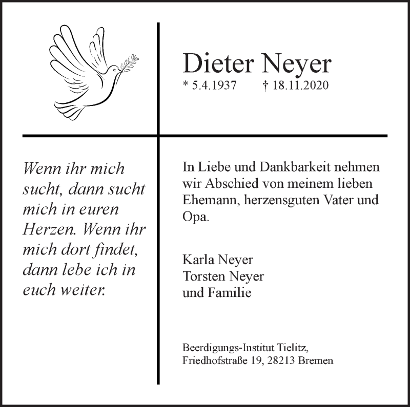 Traueranzeige von Dieter Neyer von WESER-KURIER