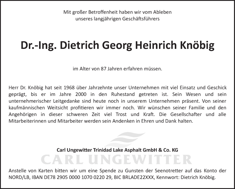 Traueranzeige von Dietrich Georg Heinrich Knöbig von WESER-KURIER