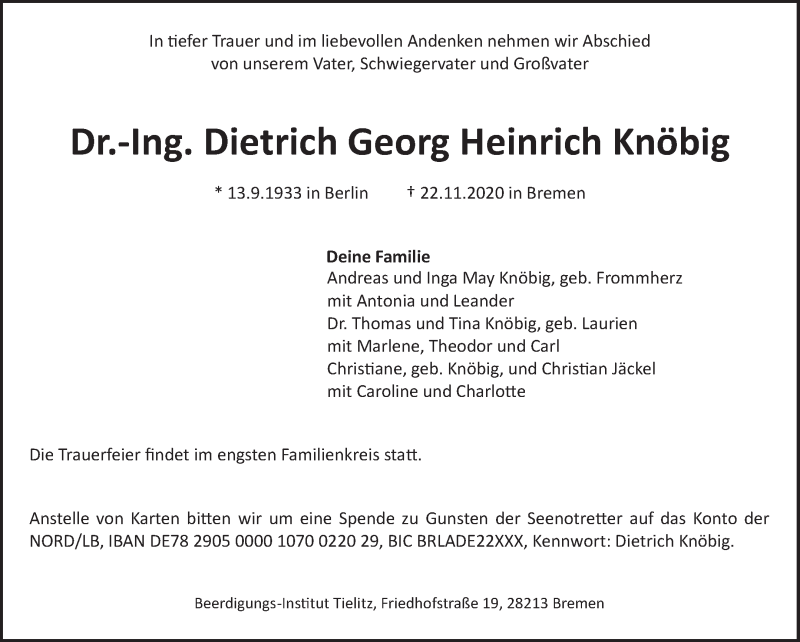 Traueranzeige von Dietrich Georg Heinrich Knöbig von WESER-KURIER