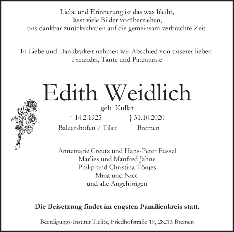 Traueranzeige von Edith Weidlich von WESER-KURIER