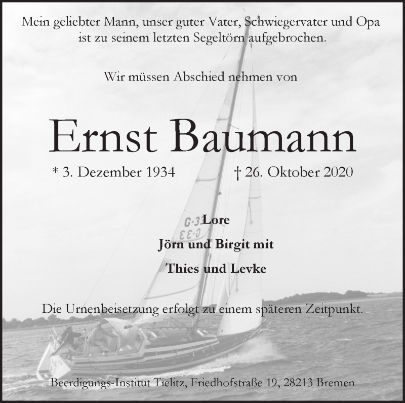 Traueranzeige von Ernst Baumann von WESER-KURIER