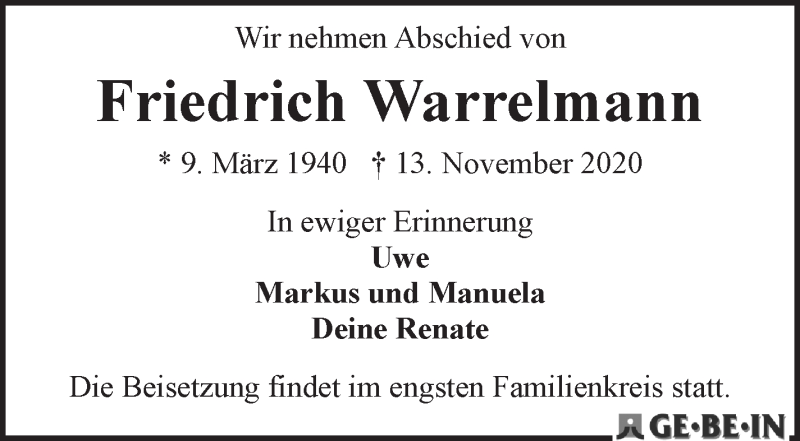 Traueranzeige von Friedrich Warrelmann von WESER-KURIER