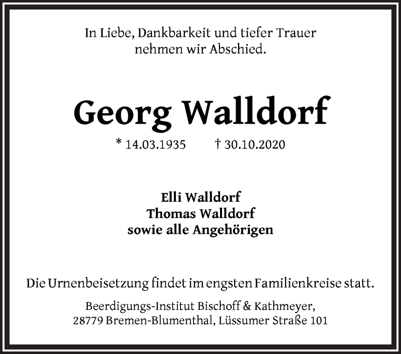 Traueranzeige von Georg Walldorf von Die Norddeutsche