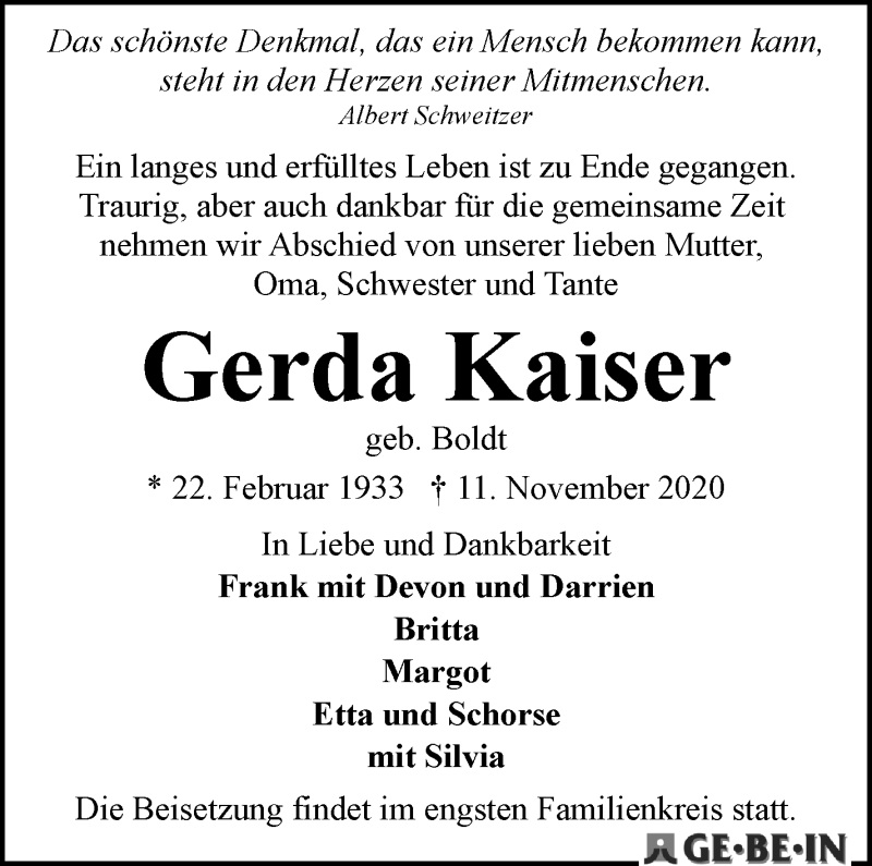 Traueranzeige von Gerda Kaiser von WESER-KURIER
