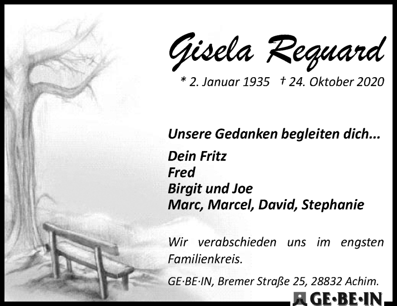 Traueranzeige von Gisela Requard von WESER-KURIER
