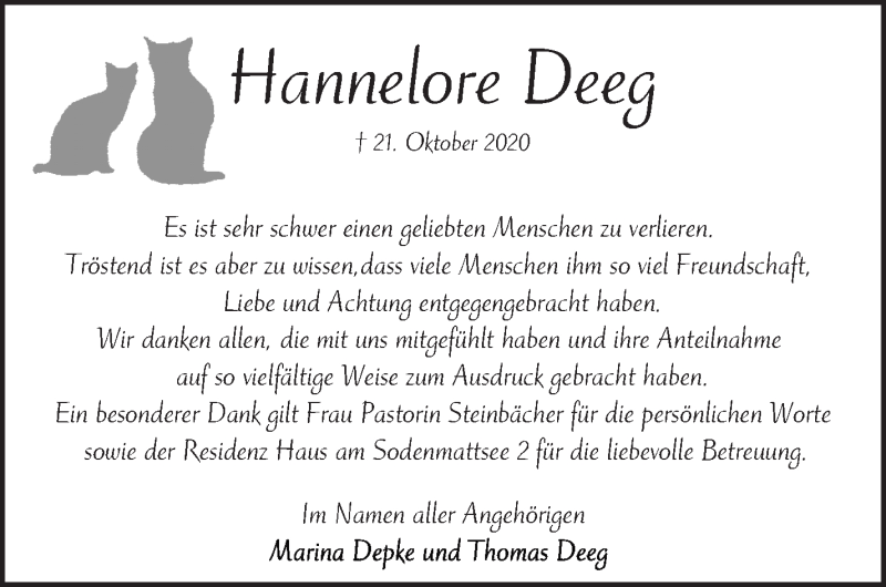 Traueranzeige von Hannelore Deeg von WESER-KURIER