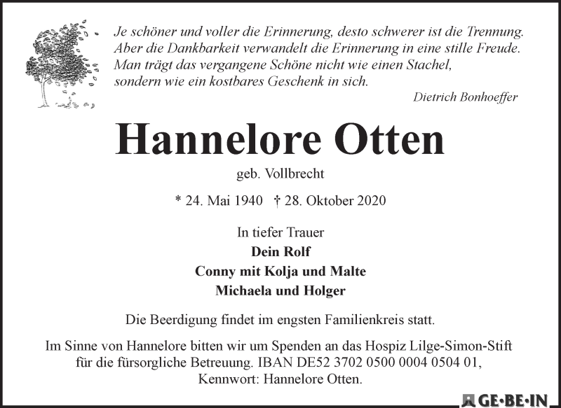 Traueranzeige von Hannelore Otten von WESER-KURIER