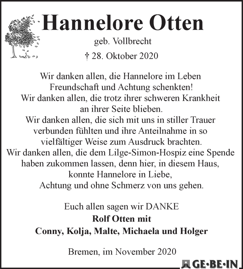 Traueranzeige von Hannelore Otten von WESER-KURIER