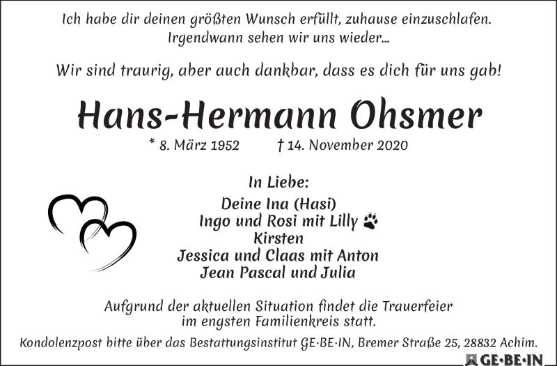 Traueranzeige von Hans-Hermann Ohsmer von WESER-KURIER