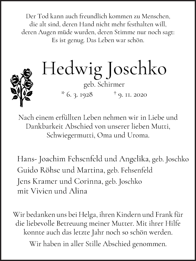 Traueranzeige von Hedwig Joschko von WESER-KURIER