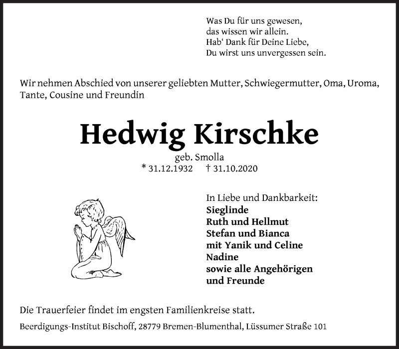 Traueranzeige von Hedwig Kirschke von Die Norddeutsche