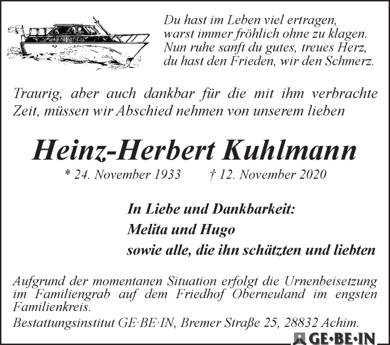 Traueranzeige von Heinz-Herbert Kuhlmann von WESER-KURIER