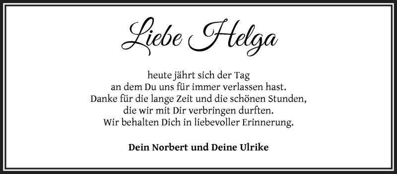 Traueranzeige von Helga Kettler von Die Norddeutsche