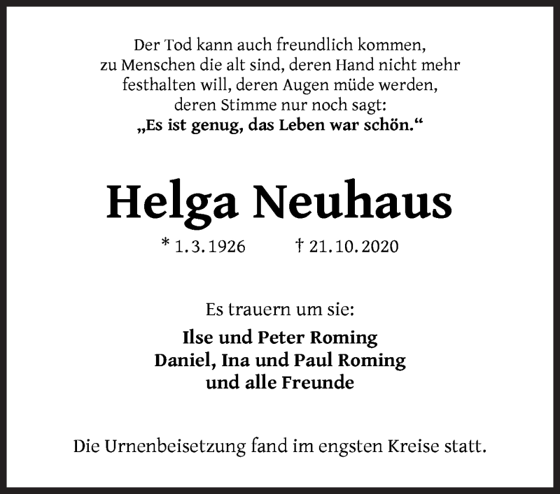 Traueranzeige von Helga Neuhaus von WESER-KURIER