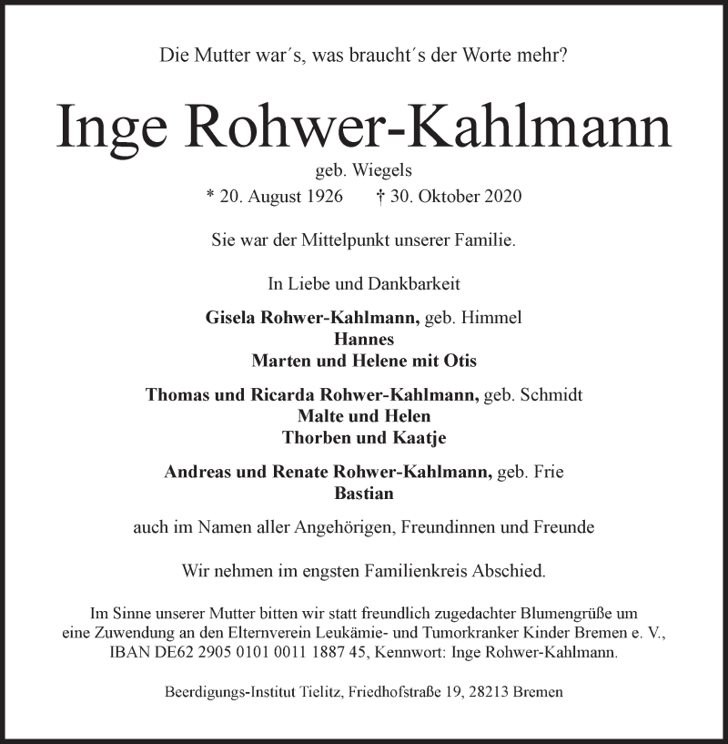 Traueranzeige von Inge Rohwer-Kahlmann von WESER-KURIER