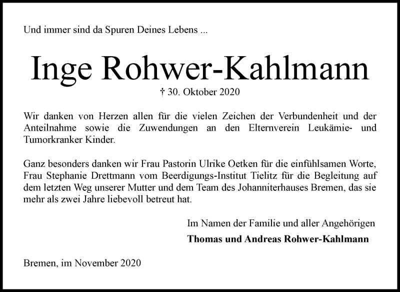 Traueranzeige von Inge Rohwer-Kahlmann von WESER-KURIER