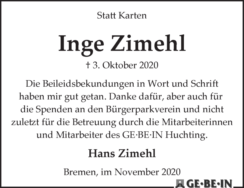 Traueranzeige von Inge Zimehl von WESER-KURIER