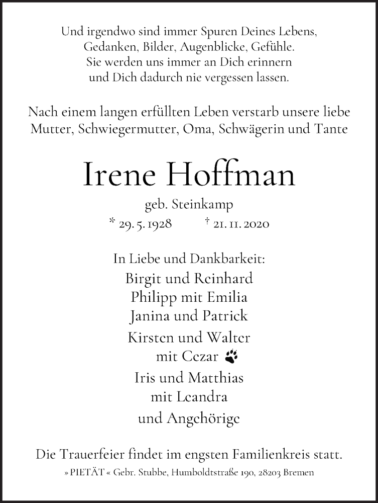 Traueranzeige von Irene Hoffman von WESER-KURIER