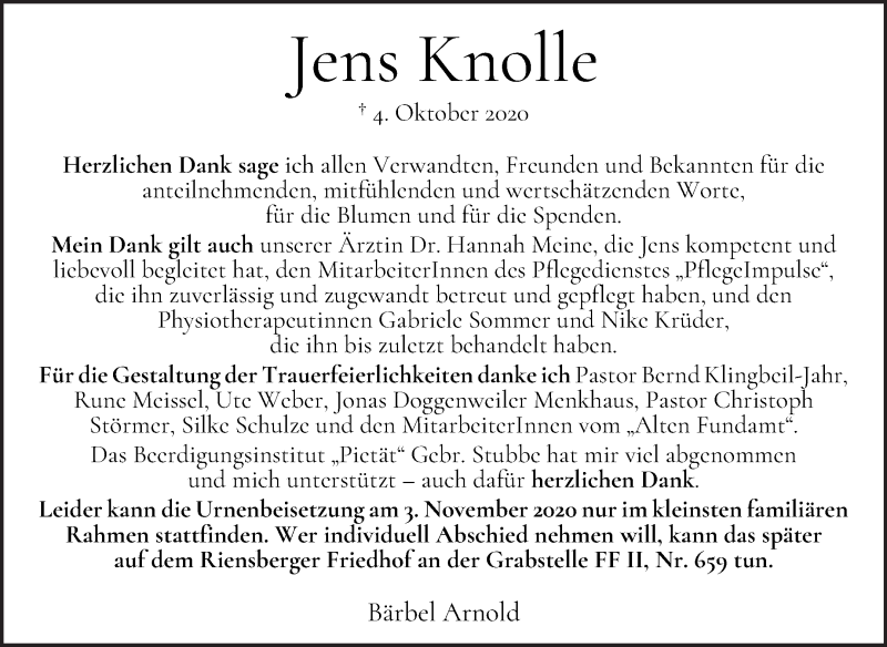 Traueranzeige von Jens Knolle von WESER-KURIER