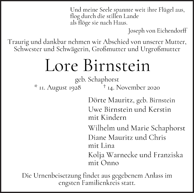 Traueranzeige von Lore Birnstein von WESER-KURIER