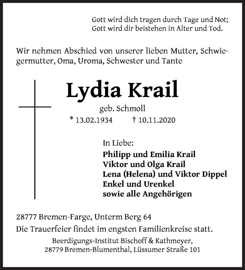 Traueranzeige von Lydia Krail von Die Norddeutsche