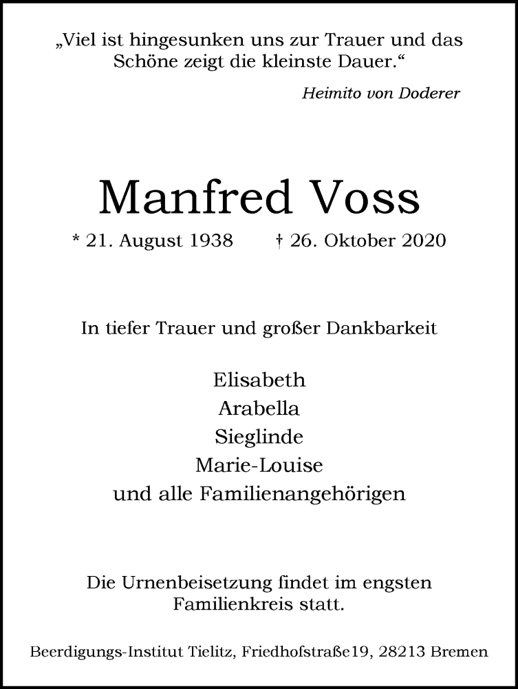 Traueranzeige von Manfred Voss von WESER-KURIER