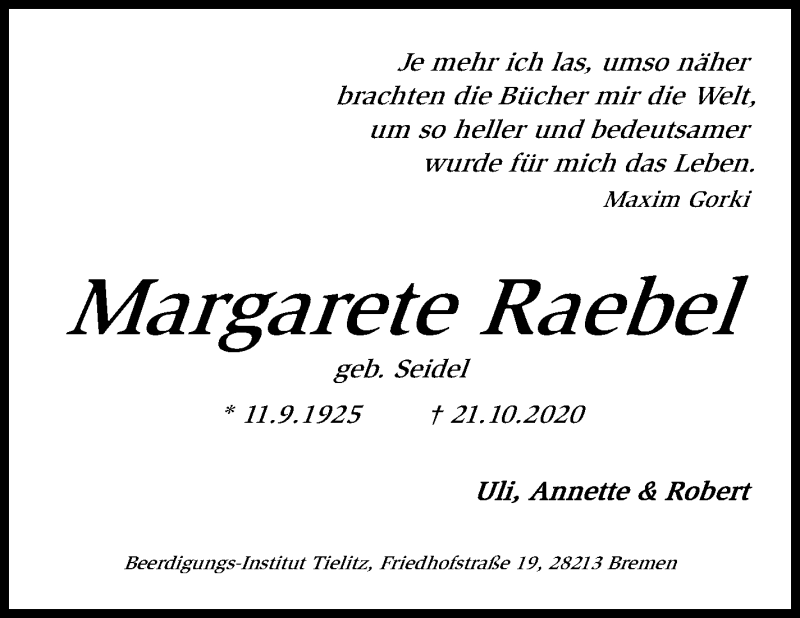 Traueranzeige von Margarete Raebel von WESER-KURIER