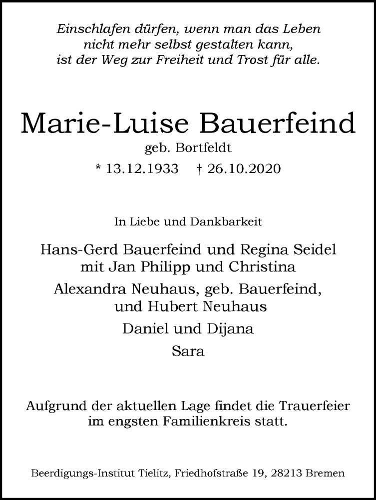 Traueranzeige von Marie-Luise Bauerfeind von WESER-KURIER
