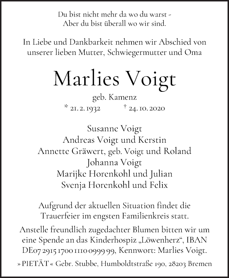 Traueranzeige von Marlies Voigt von WESER-KURIER