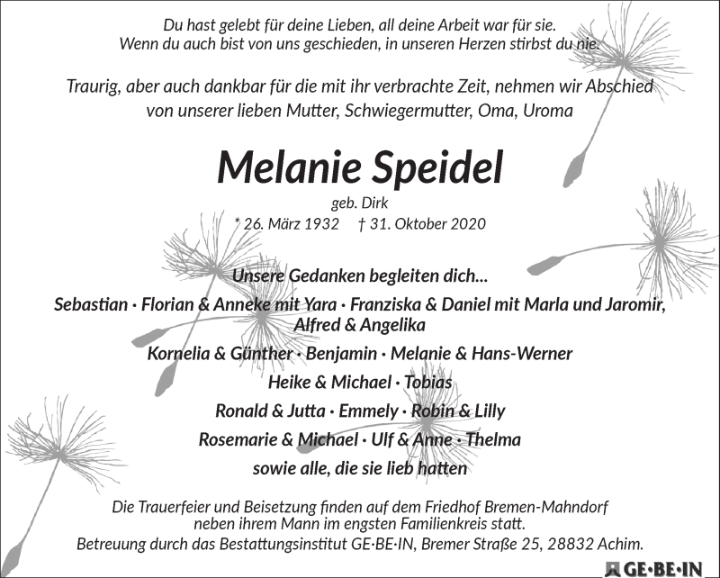 Traueranzeige von Melanie Speidel von Achimer Kurier/Verdener Nachrichten