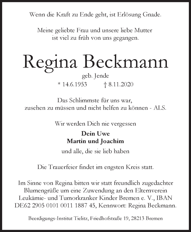 Traueranzeige von Regina Beckmann von WESER-KURIER